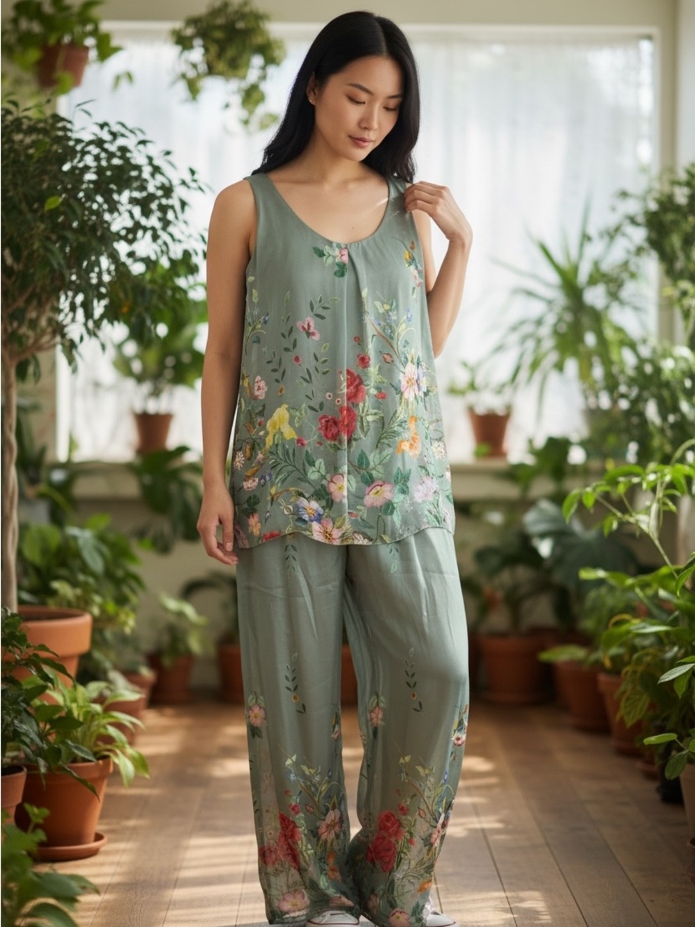 lola Sage Green Floral Two-Piece Pantsuit beach cottage bohemian